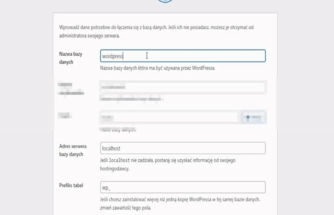formularz instalacji bazy danych